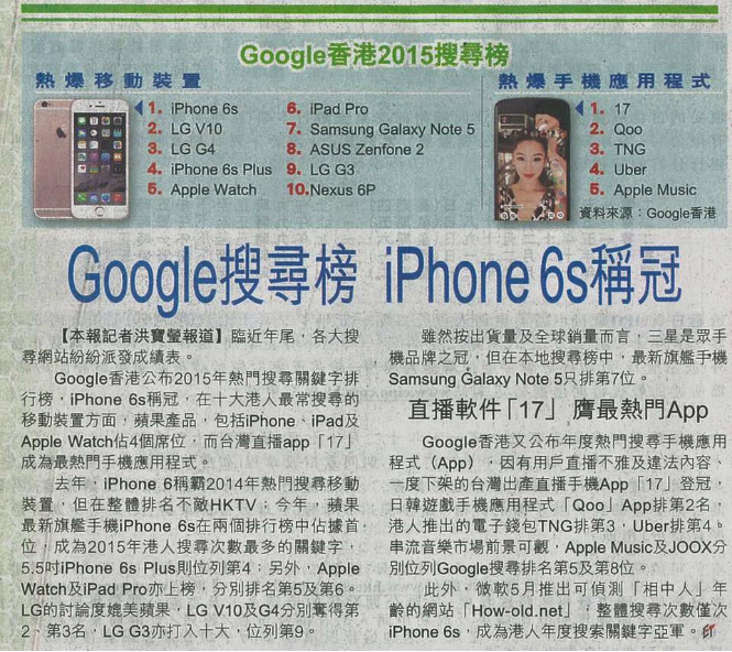 Google香港搜尋榜 iPhone 6s最紅